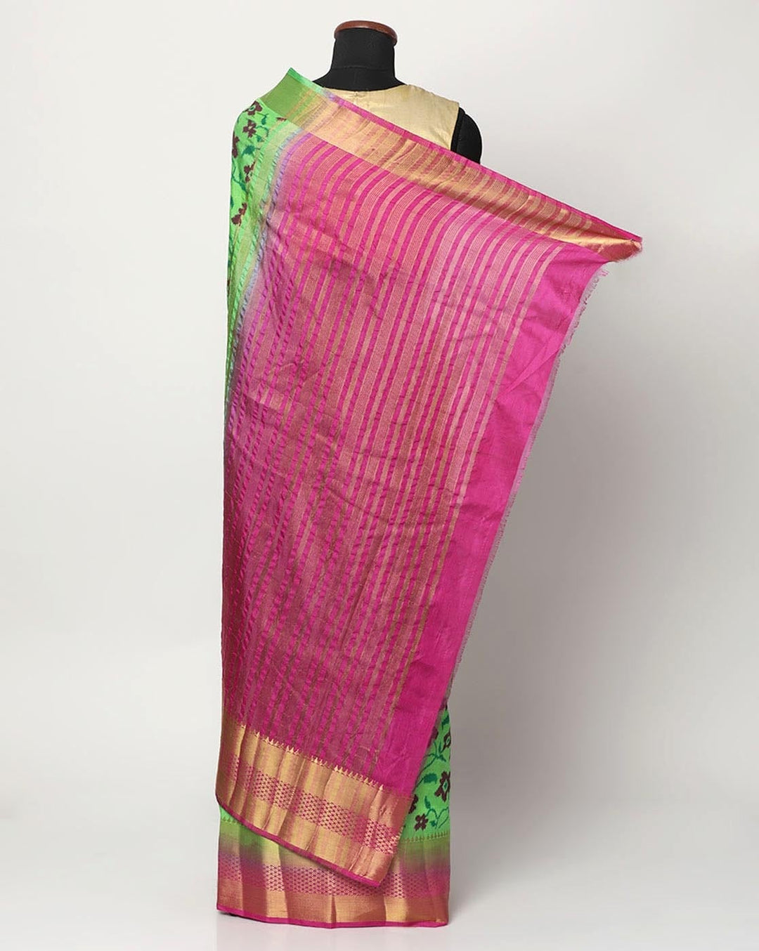 Banarasi Art Silk Saree in Ikat Inspired Floral Pattern & Intricate Woven Temple Border