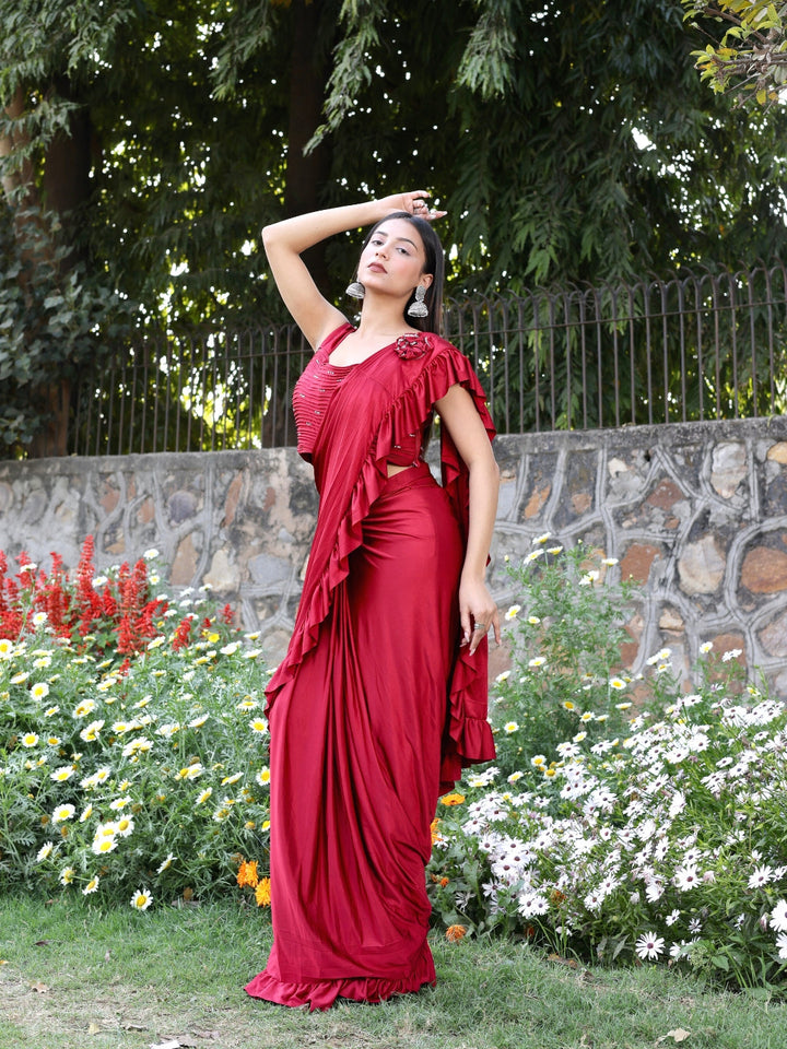 Ruffled Saree with Pleated Crystal Studded Crop Top Blouse