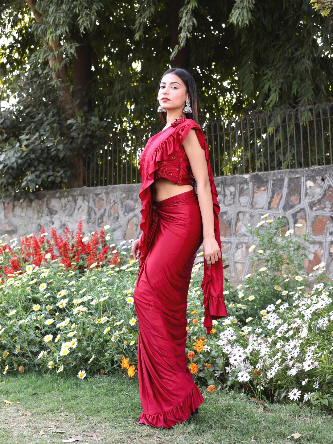 Ruffled Saree with Pleated Crystal Studded Crop Top Blouse