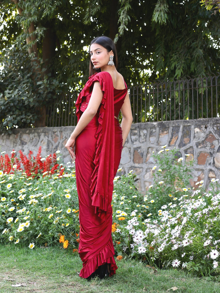 Ruffled Saree with Pleated Crystal Studded Crop Top Blouse