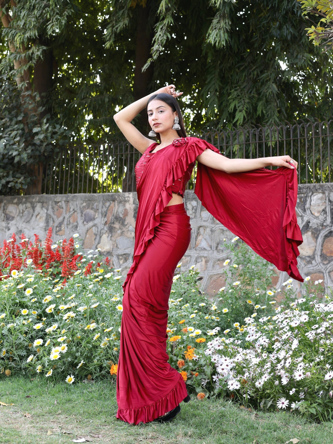 Ruffled Saree with Pleated Crystal Studded Crop Top Blouse