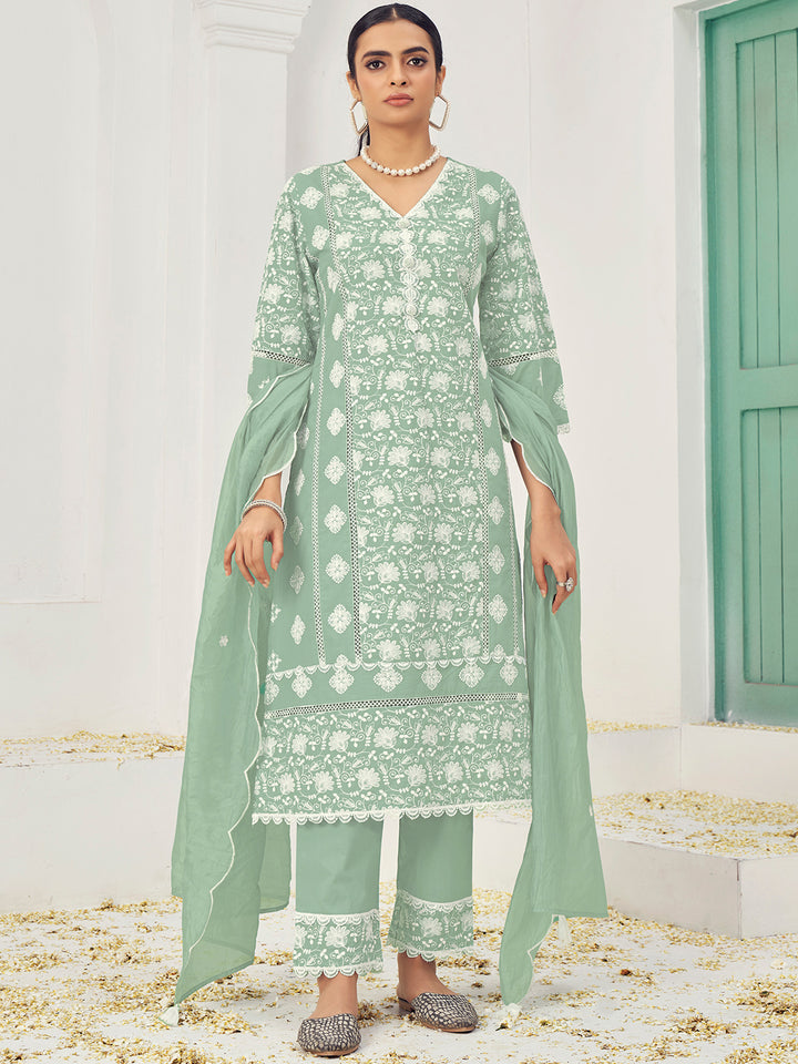 Chhabra 555 Thread Embroidered Chikankari Kurta Set with Scalloped Dupatta & Schiffli Laces