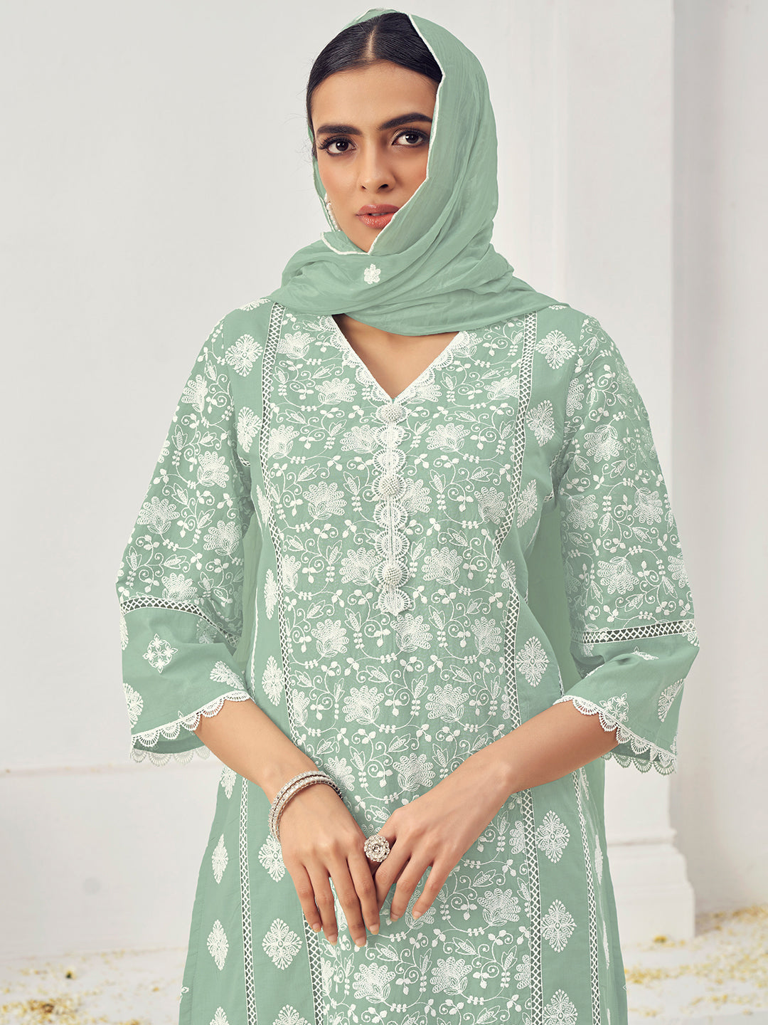 Thread Embroidered Chikankari Kurta Set with Scalloped Dupatta & Schiffli Laces