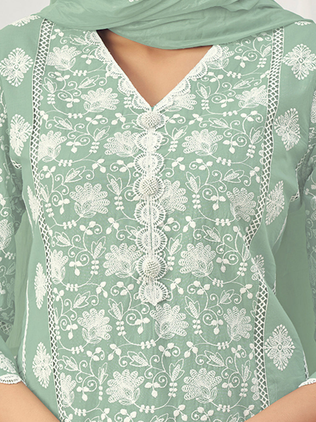 Thread Embroidered Chikankari Kurta Set with Scalloped Dupatta & Schiffli Laces