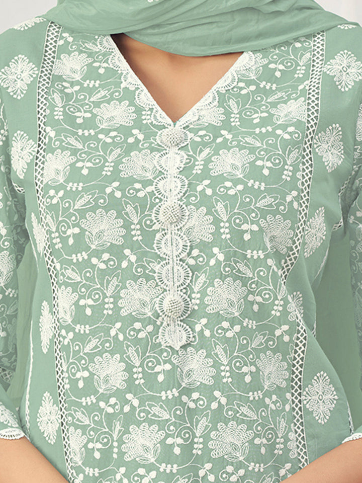 Thread Embroidered Chikankari Kurta Set with Scalloped Dupatta & Schiffli Laces