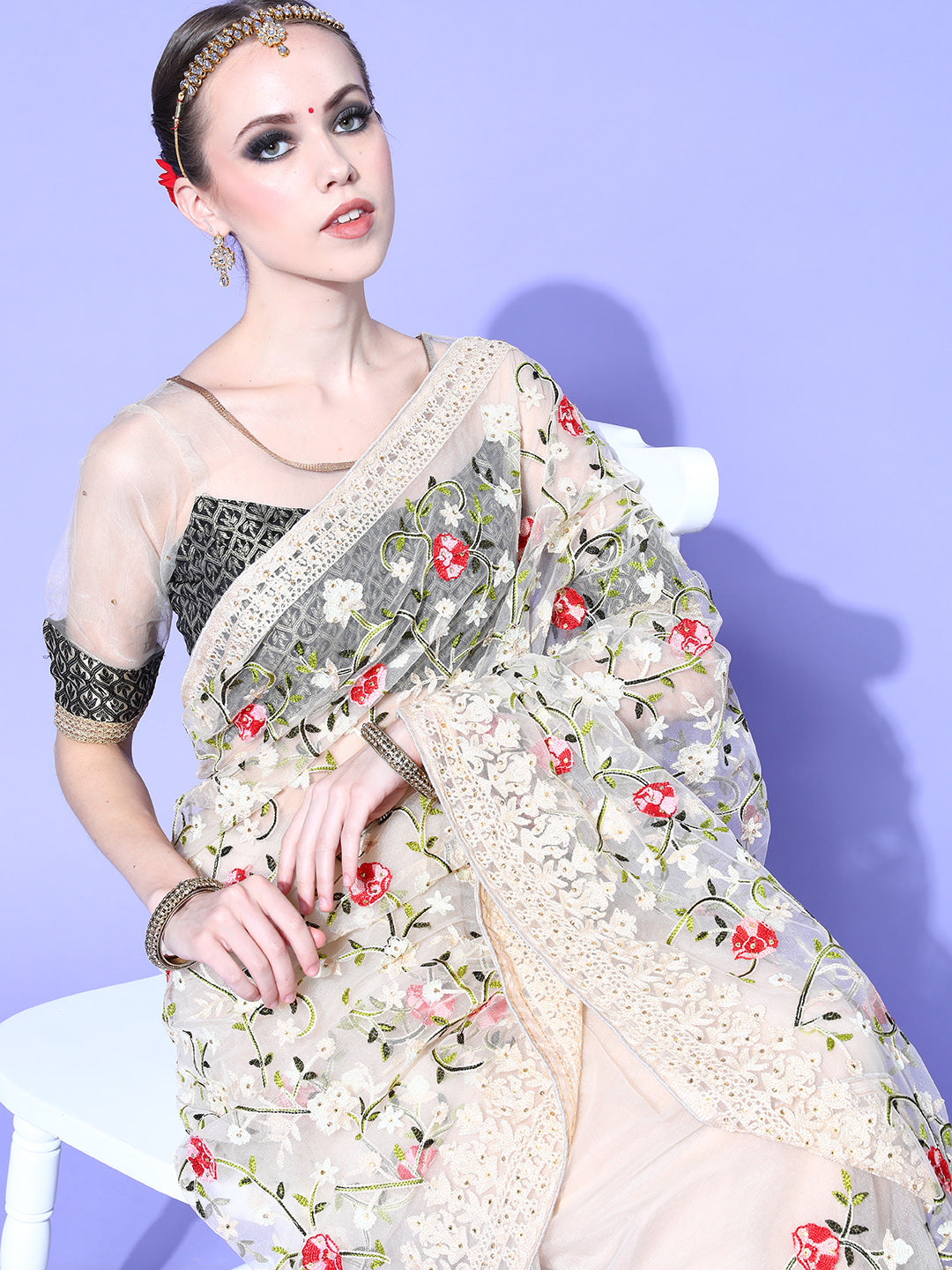 Cream Multi Color Resham Embroidered Contemporary Tulle Saree
