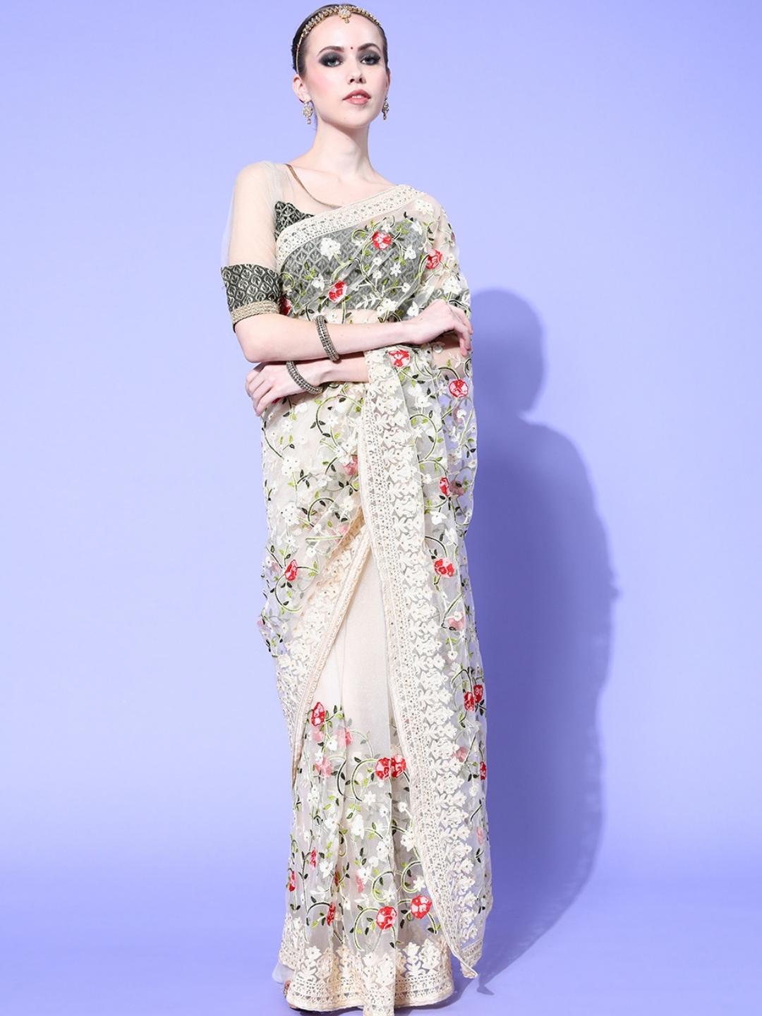 Cream Multi Color Resham Embroidered Contemporary Tulle Saree