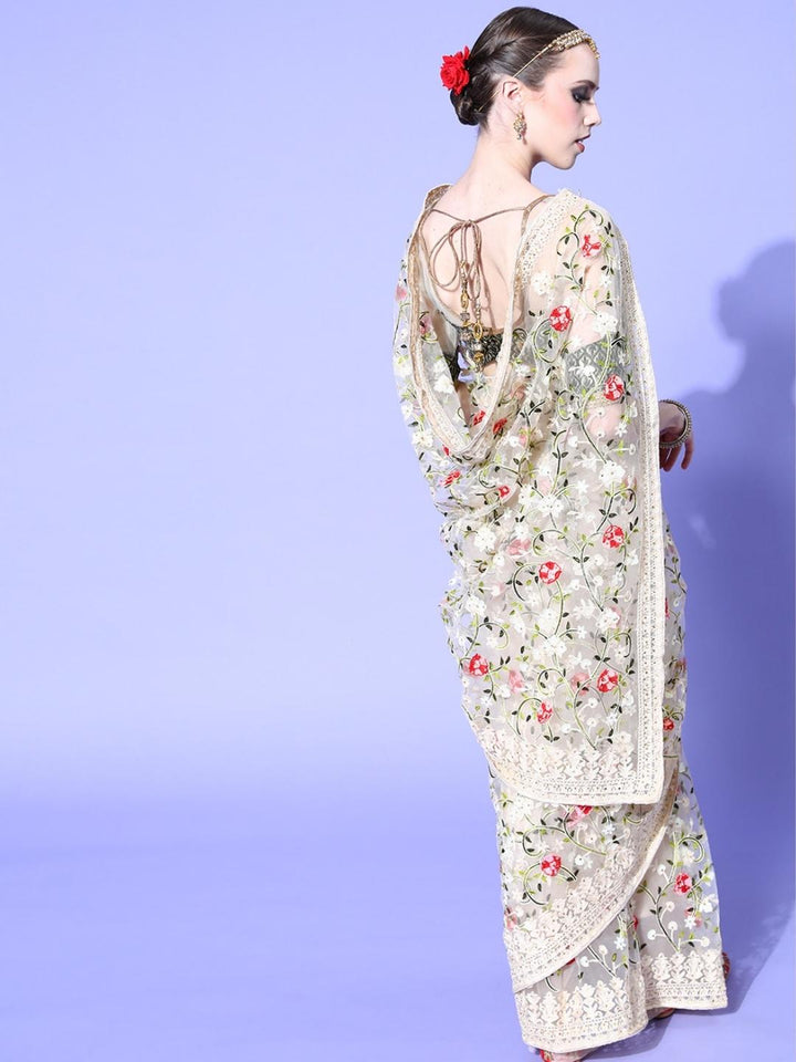 Cream Multi Color Resham Embroidered Contemporary Tulle Saree