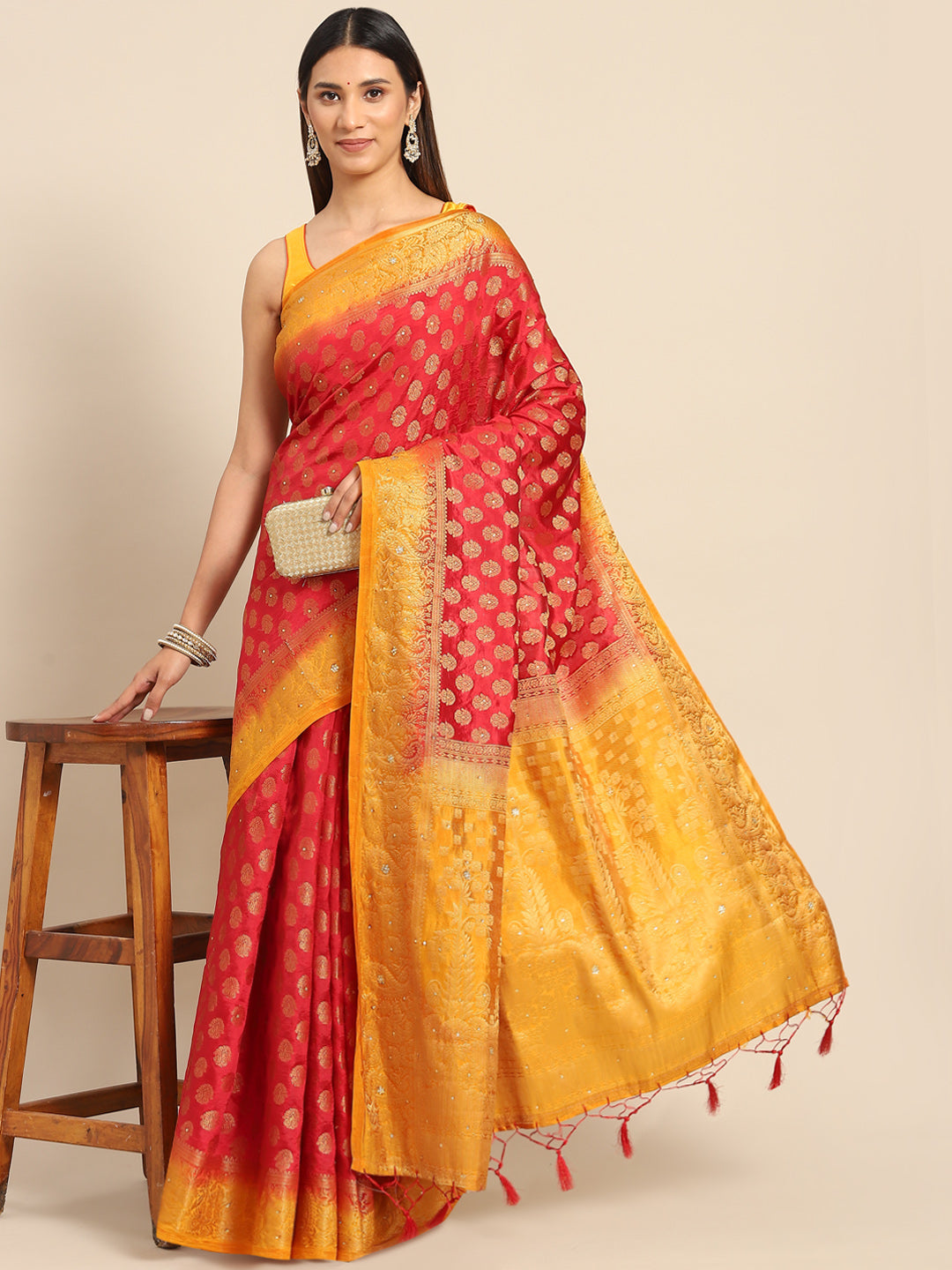 Red Banarasi Ethnic & Paisley Motifs Stone Embellished Silk Saree