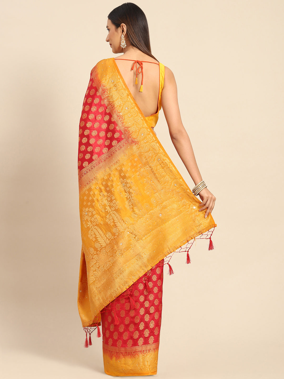 Red Banarasi Ethnic & Paisley Motifs Stone Embellished Silk Saree