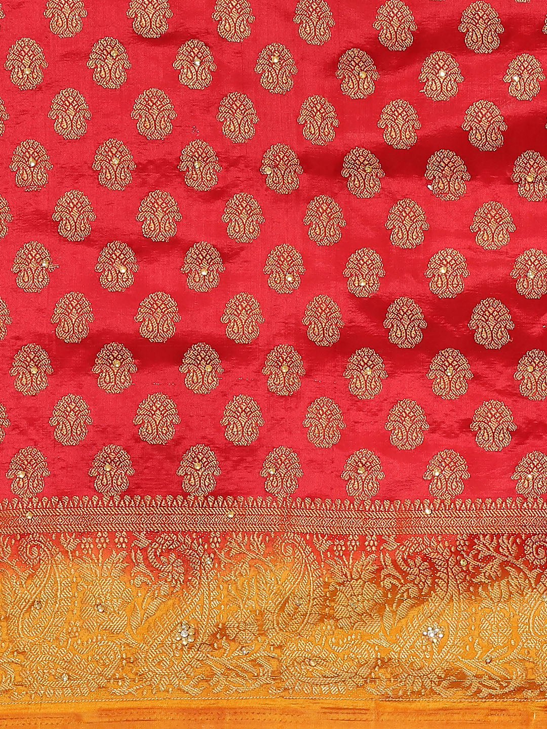 Red Banarasi Ethnic & Paisley Motifs Stone Embellished Silk Saree