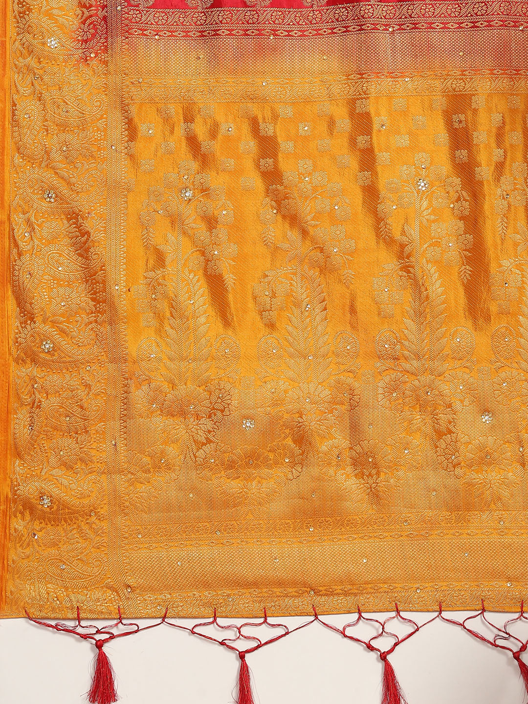 Red Banarasi Ethnic & Paisley Motifs Stone Embellished Silk Saree