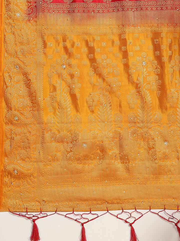 Red Banarasi Ethnic & Paisley Motifs Stone Embellished Silk Saree