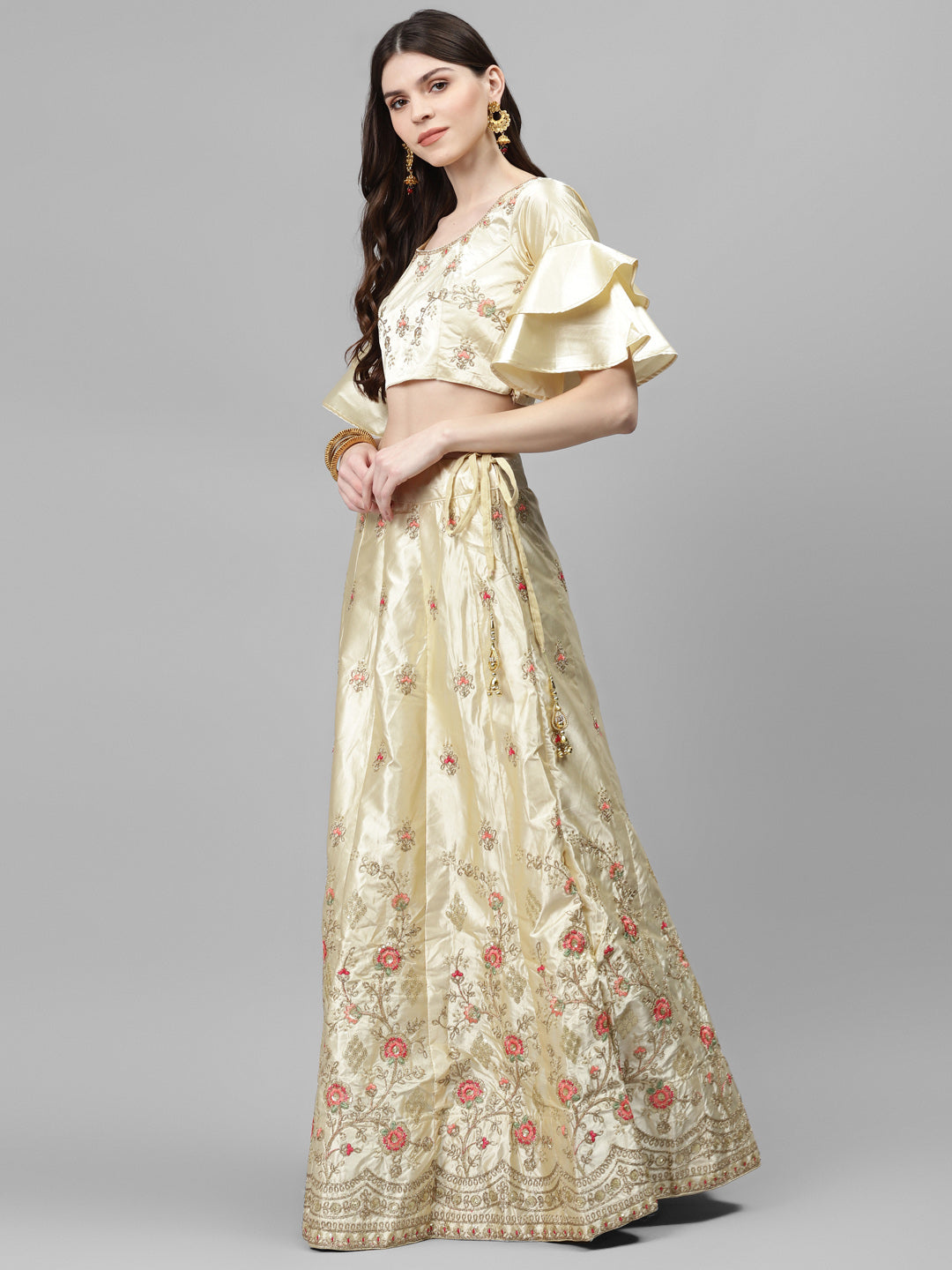 Ivory Semi-Stitched Lehenga Set with Zari & Resham Meenakari Floral Embroidery