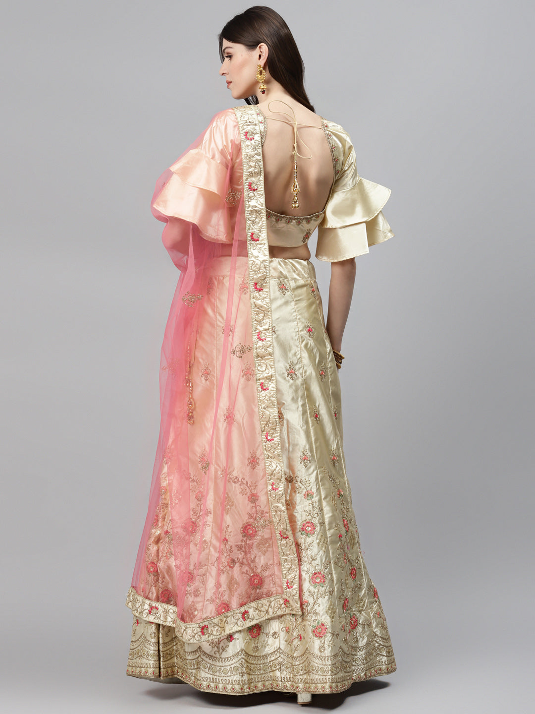 Ivory Semi-Stitched Lehenga Set with Zari & Resham Meenakari Floral Embroidery