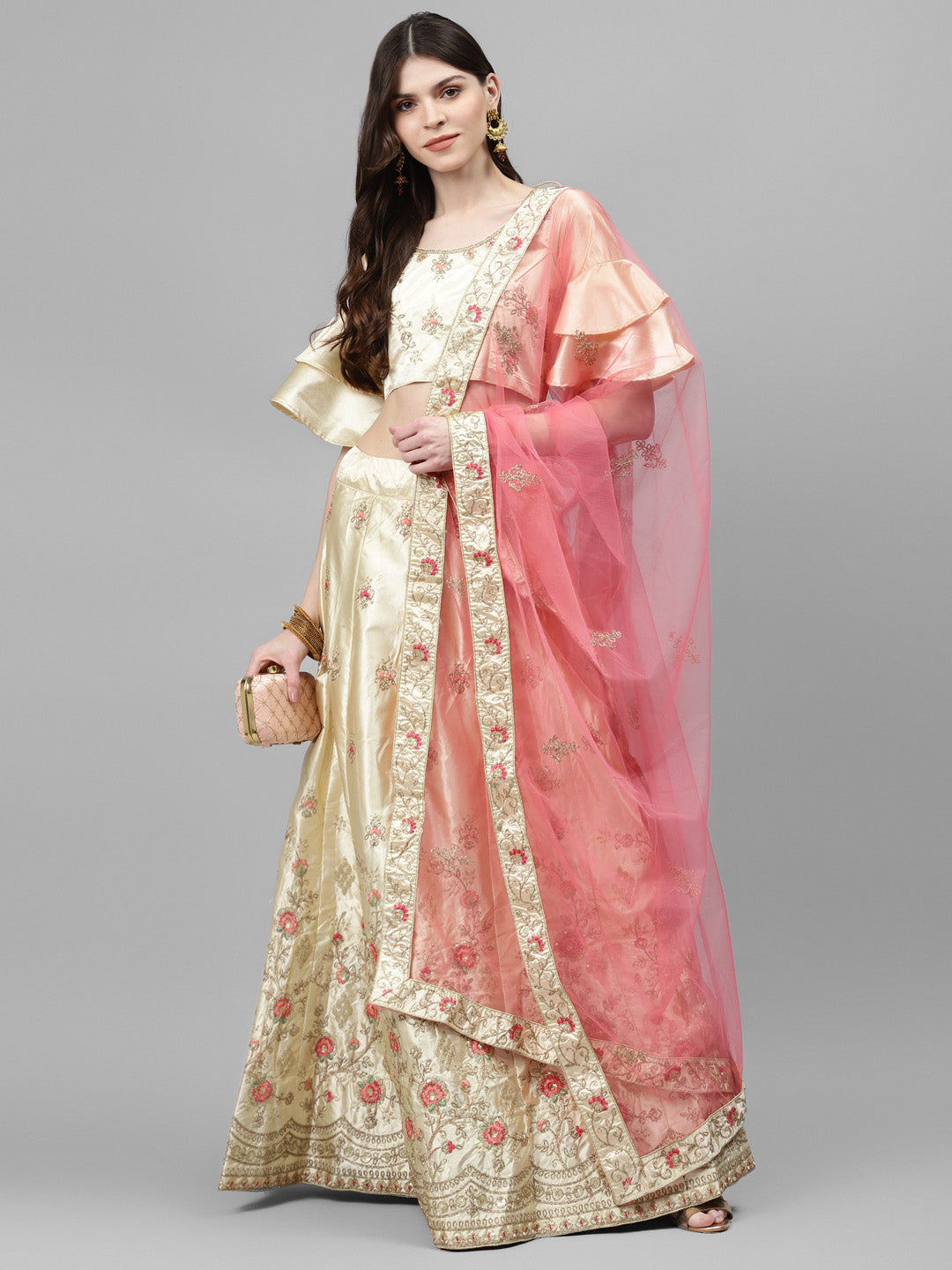 Ivory Semi-Stitched Lehenga Set with Zari & Resham Meenakari Floral Embroidery