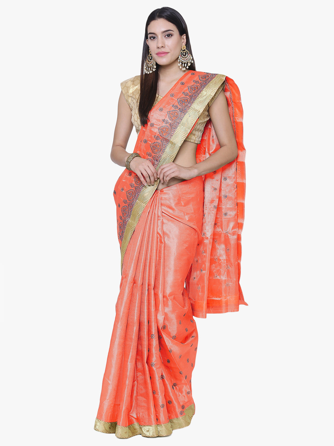 Peach Tussar Silk Embroidered Party Wear Saree