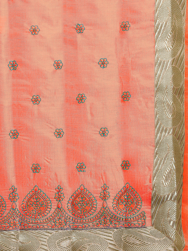 Peach Tussar Silk Embroidered Party Wear Saree
