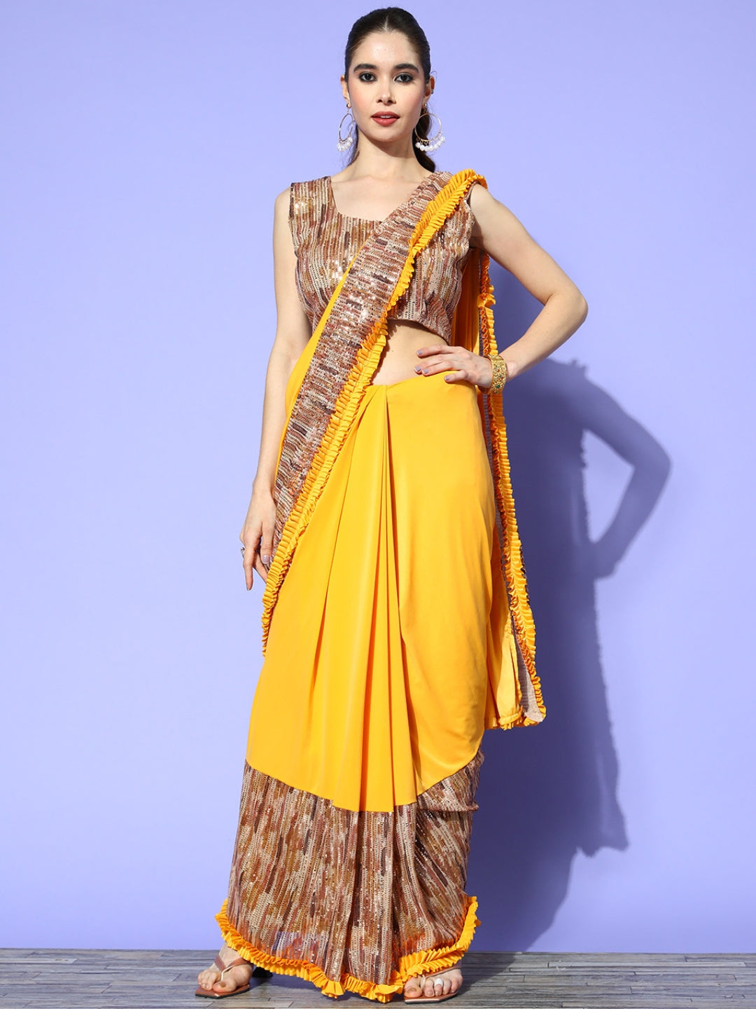 Pre-Draped Yellow Lycra Ruffles Saree With Sequence Embellished Blouse
