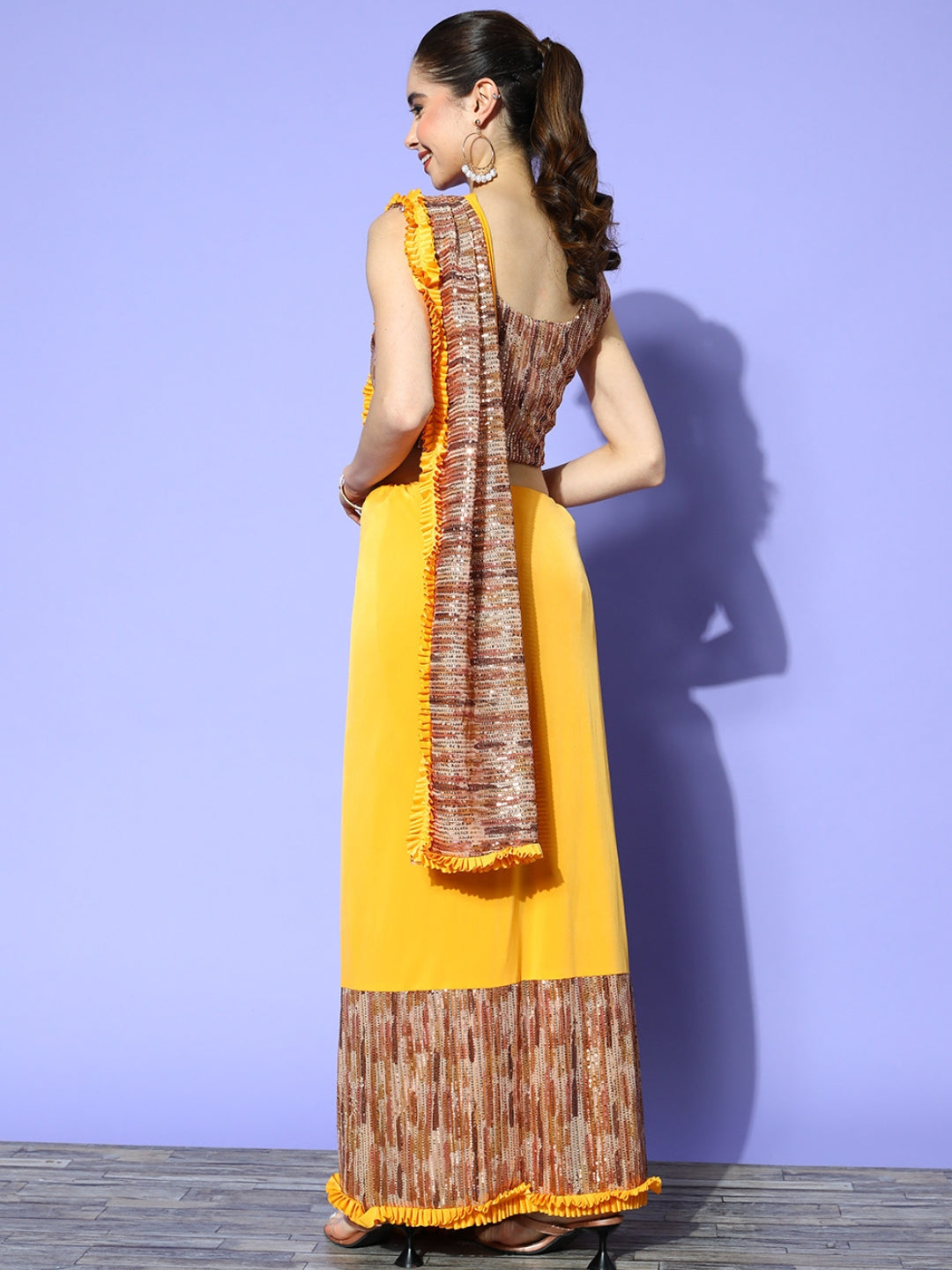 Pre-Draped Yellow Lycra Ruffles Saree With Sequence Embellished Blouse