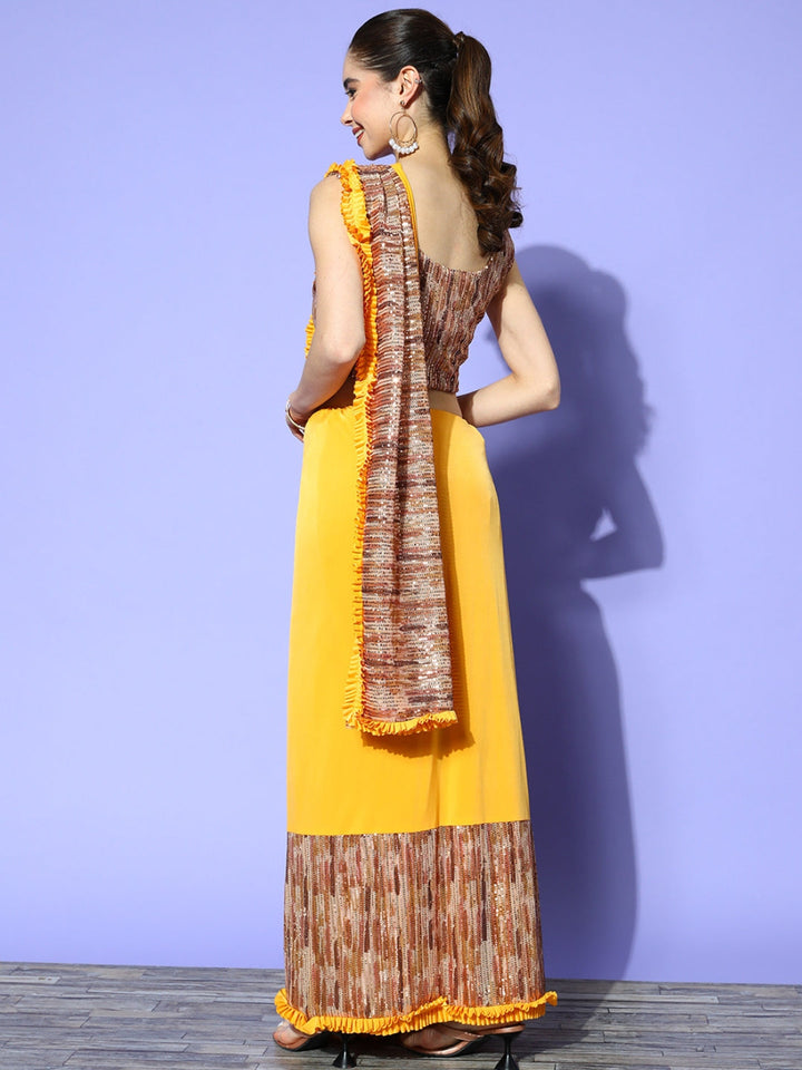 Pre-Draped Yellow Lycra Ruffles Saree With Sequence Embellished Blouse