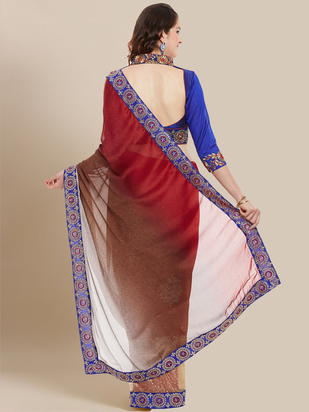 Maroon & Blue Embroidered Georgette Half & Half Saree.