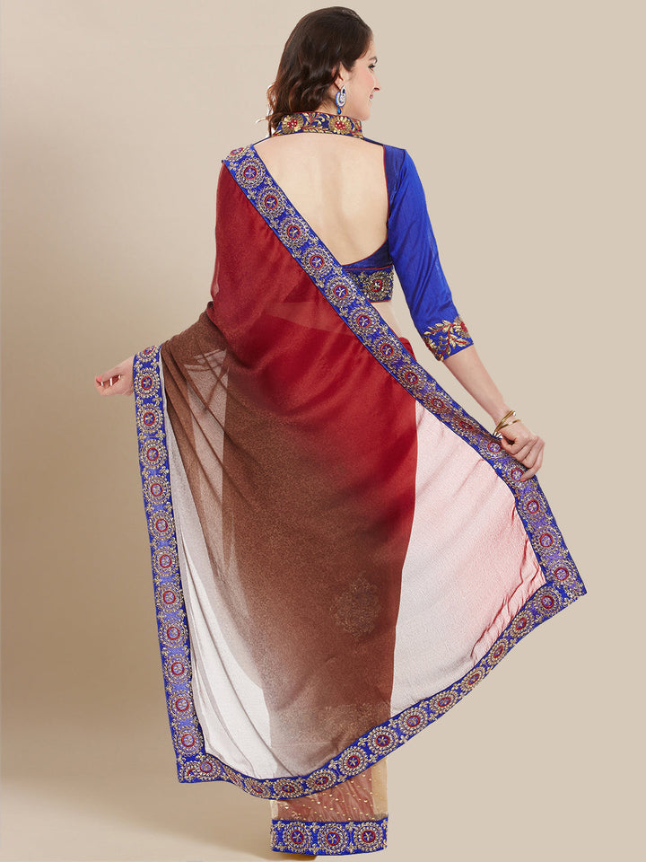 Maroon & Blue Embroidered Georgette Half & Half Saree.