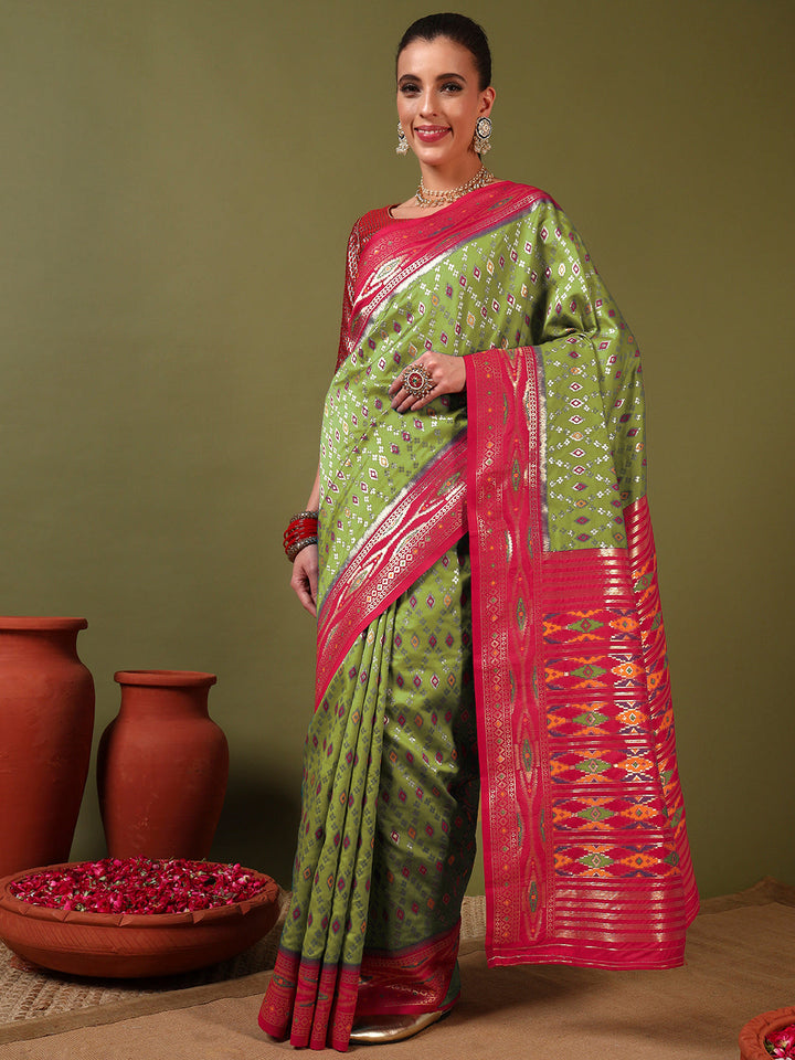 Rich Ikat Pochampally Silk Saree with Meenakari Weaving & Contrast Border
