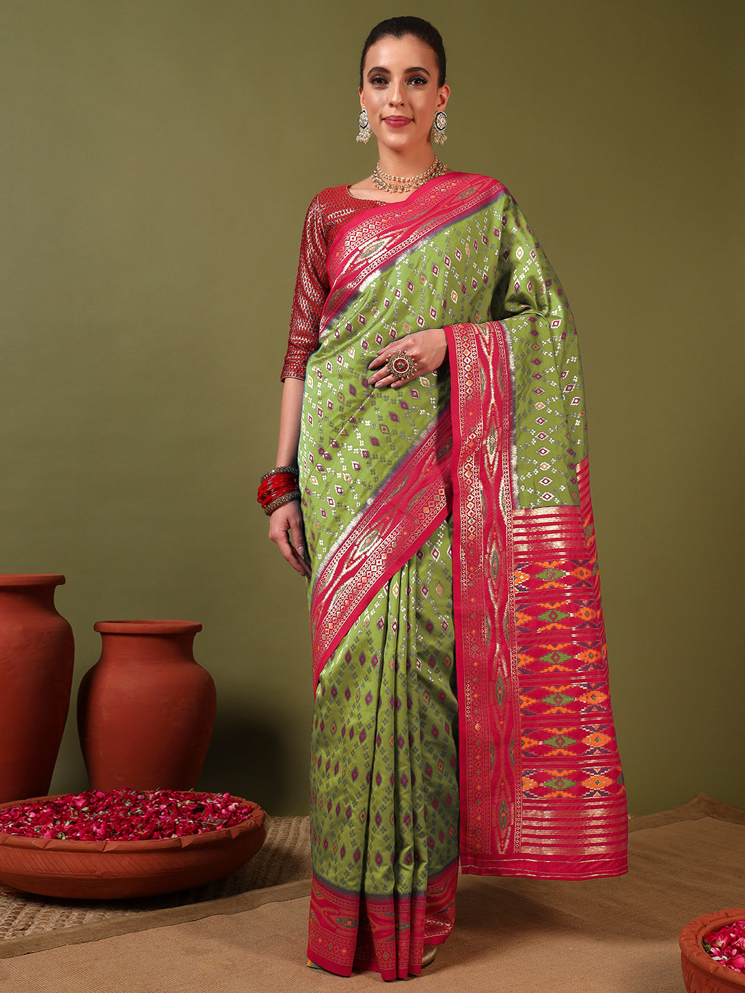 Rich Ikat Pochampally Silk Saree with Meenakari Weaving & Contrast Border