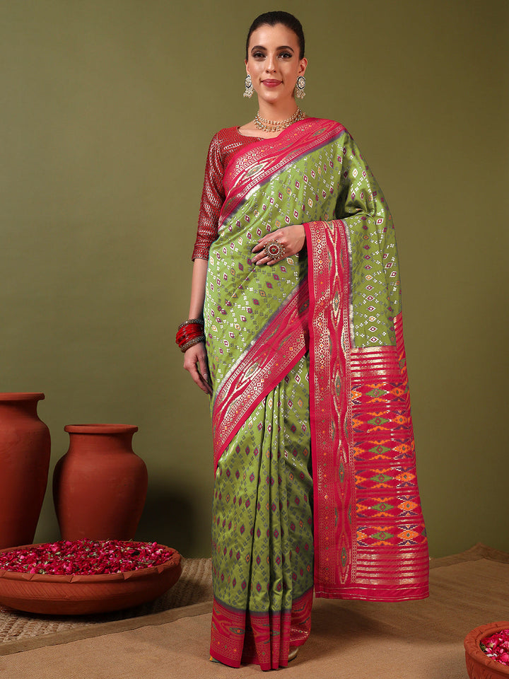 Rich Ikat Pochampally Silk Saree with Meenakari Weaving & Contrast Border