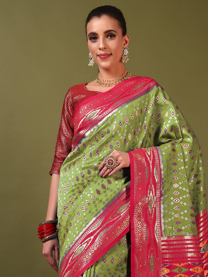 Rich Ikat Pochampally Silk Saree with Meenakari Weaving & Contrast Border