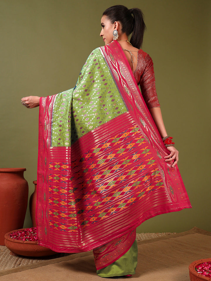 Rich Ikat Pochampally Silk Saree with Meenakari Weaving & Contrast Border