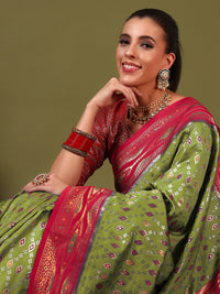 Rich Ikat Pochampally Silk Saree with Meenakari Weaving & Contrast Border