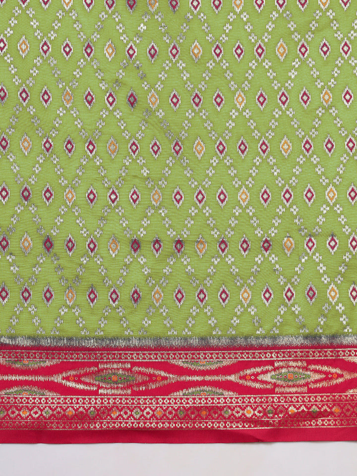 Rich Ikat Pochampally Silk Saree with Meenakari Weaving & Contrast Border