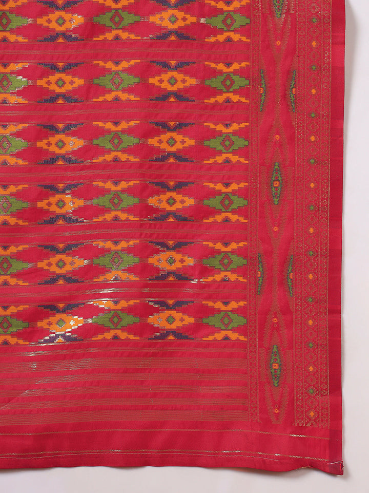 Rich Ikat Pochampally Silk Saree with Meenakari Weaving & Contrast Border