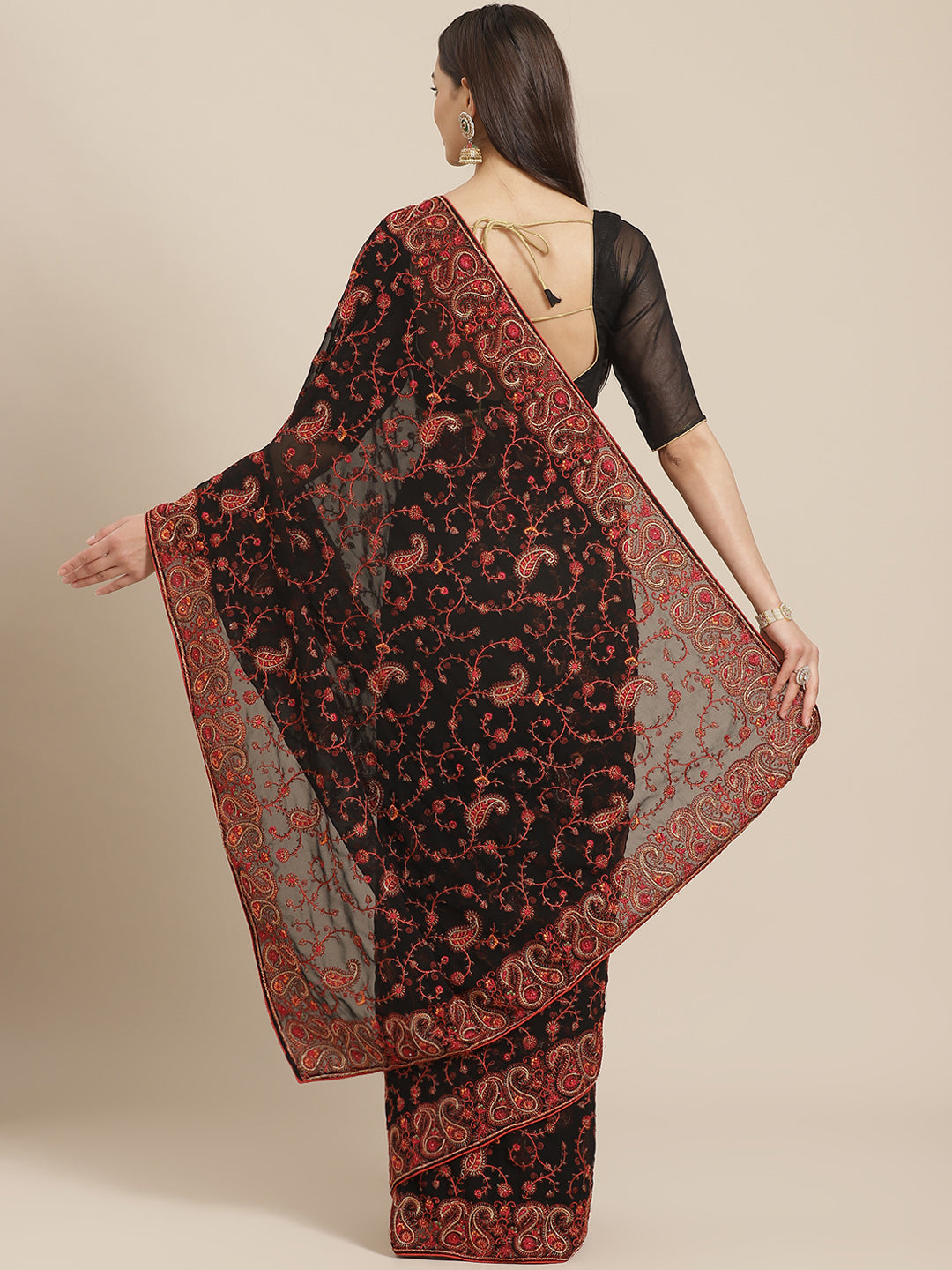 Black Georgette Saree with Intricate Resham Embroidered Paisley Motifs & Crystal Embellishments