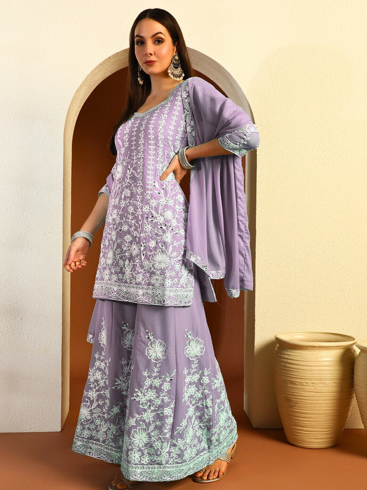Resham & Sequin Embroidered Kurta Set with Kalidar Pallazo & Crystal Embellishments