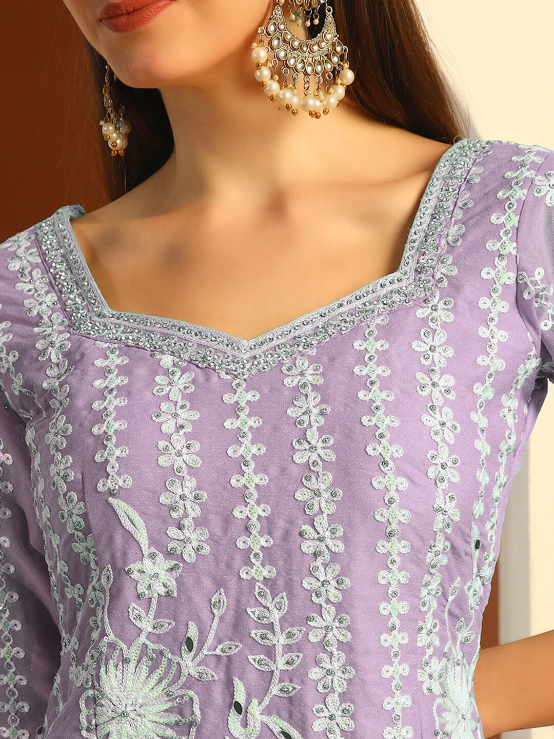 Resham & Sequin Embroidered Kurta Set with Kalidar Pallazo & Crystal Embellishments