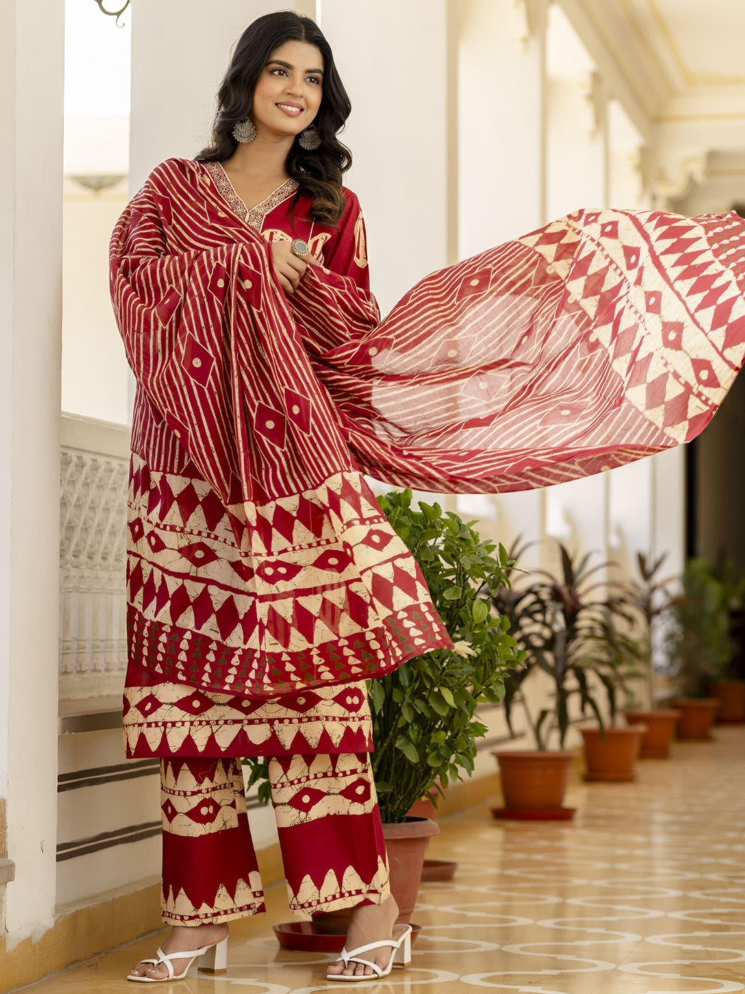 Chhabra 555 Resham Embroidered Tasseled Cotton Kurta Set with Tribal Aztec Print & Striped Dupatta