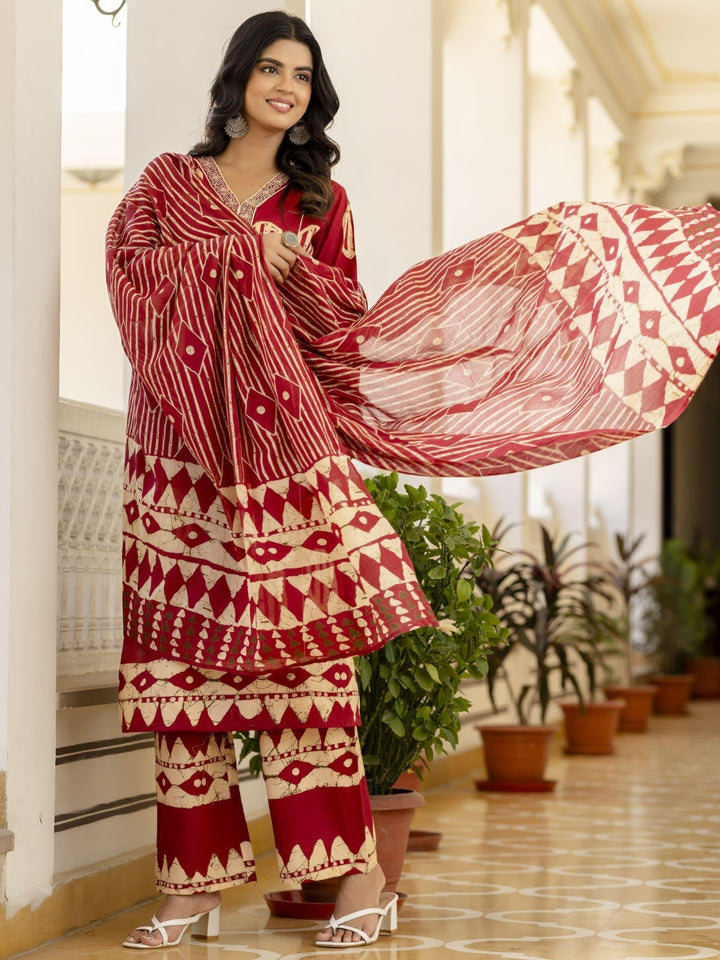 Chhabra 555 Resham Embroidered Tasseled Cotton Kurta Set with Tribal Aztec Print & Striped Dupatta