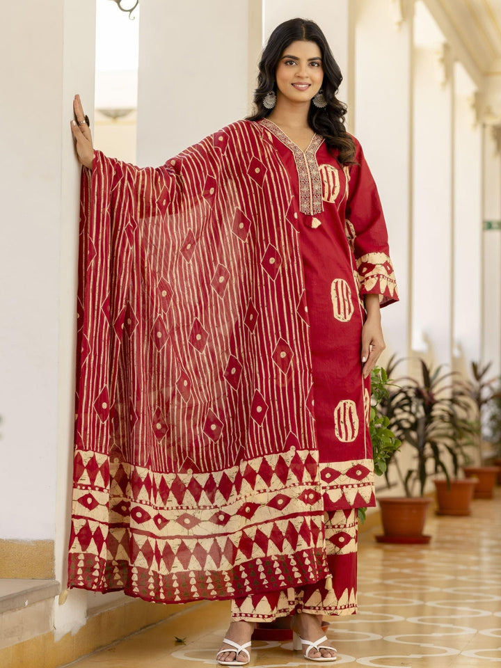 Resham Embroidered Tasseled Cotton Kurta Set with Tribal Aztec Print & Striped Dupatta
