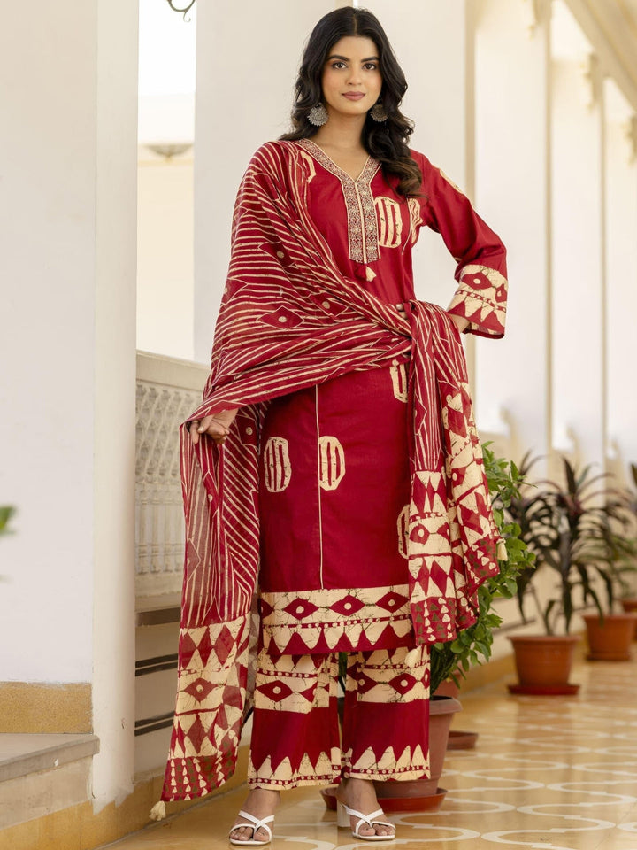 Resham Embroidered Tasseled Cotton Kurta Set with Tribal Aztec Print & Striped Dupatta