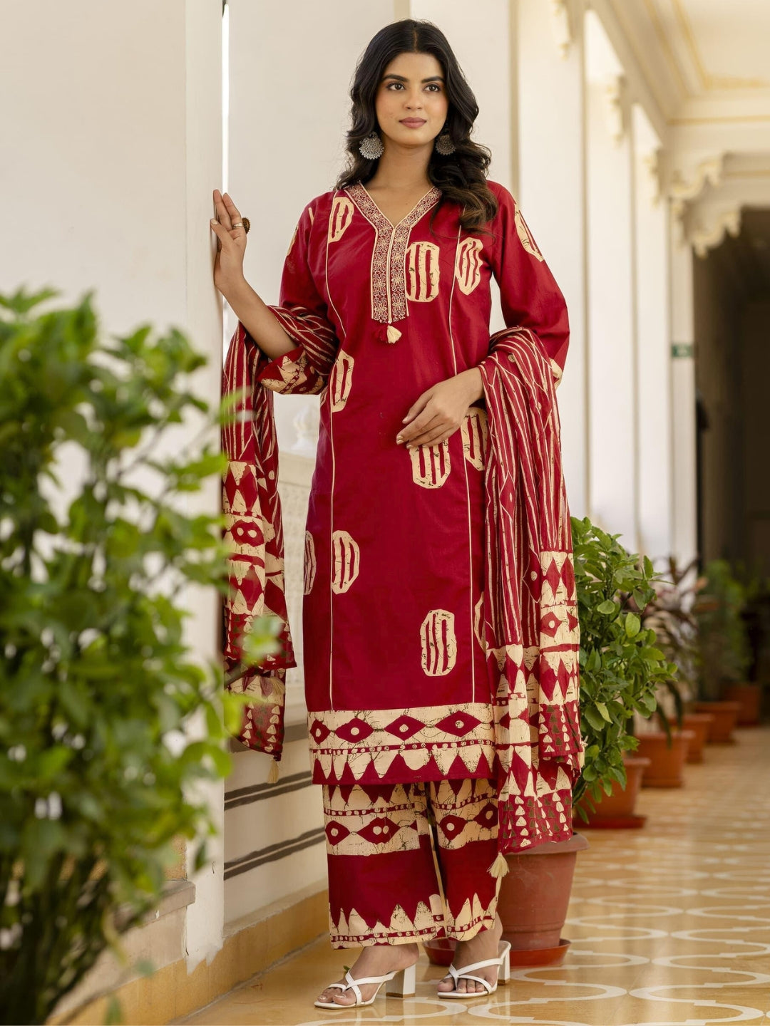 Resham Embroidered Tasseled Cotton Kurta Set with Tribal Aztec Print & Striped Dupatta
