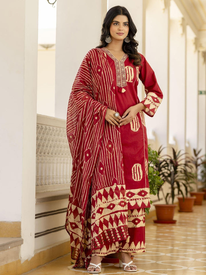 Resham Embroidered Tasseled Cotton Kurta Set with Tribal Aztec Print & Striped Dupatta