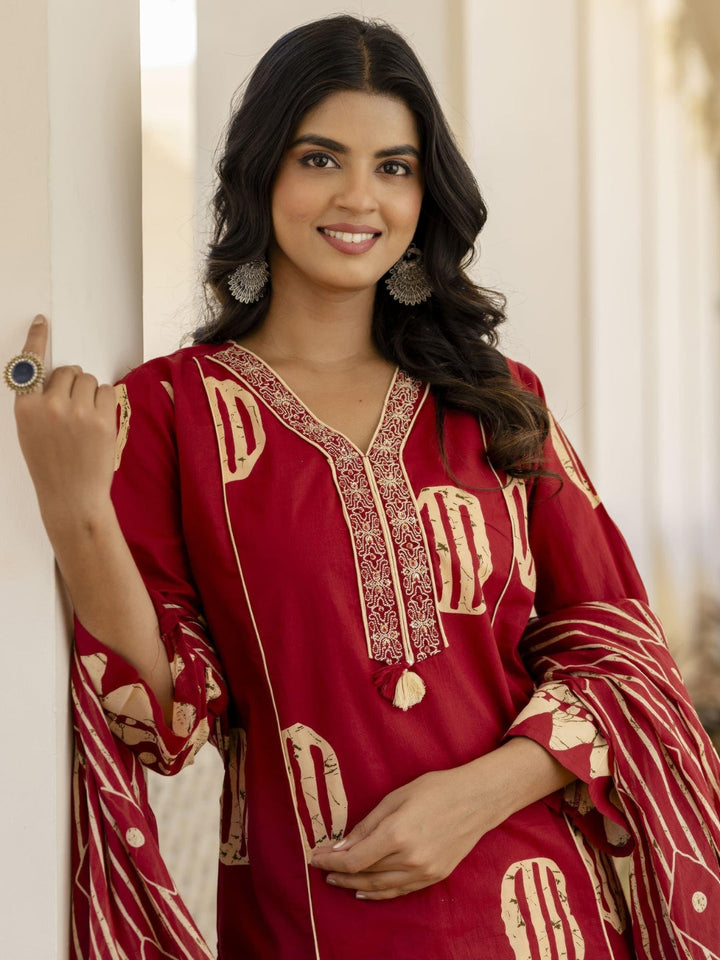 Resham Embroidered Tasseled Cotton Kurta Set with Tribal Aztec Print & Striped Dupatta