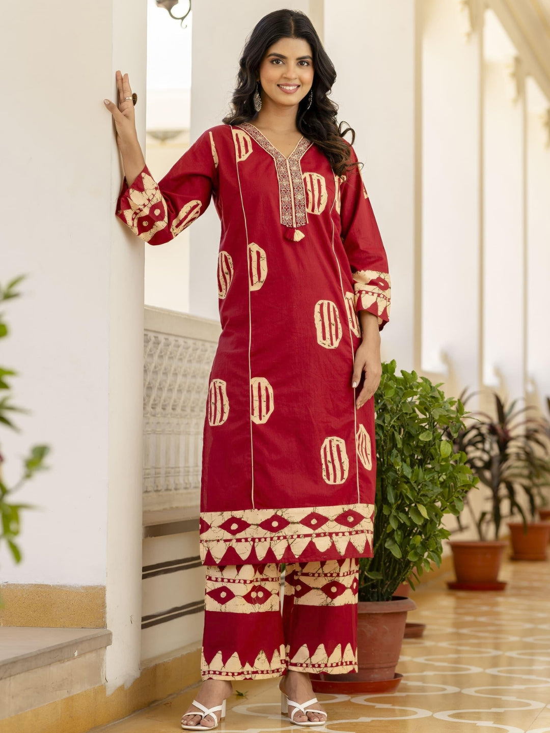 Resham Embroidered Tasseled Cotton Kurta Set with Tribal Aztec Print & Striped Dupatta