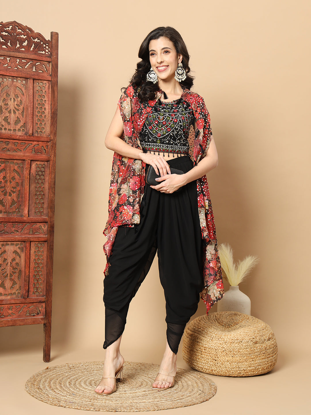 Chhabra 555 Digital Print Sequinned Cape with Resham Embroidered Crop-Top Palazzo & Stylish Dhoti