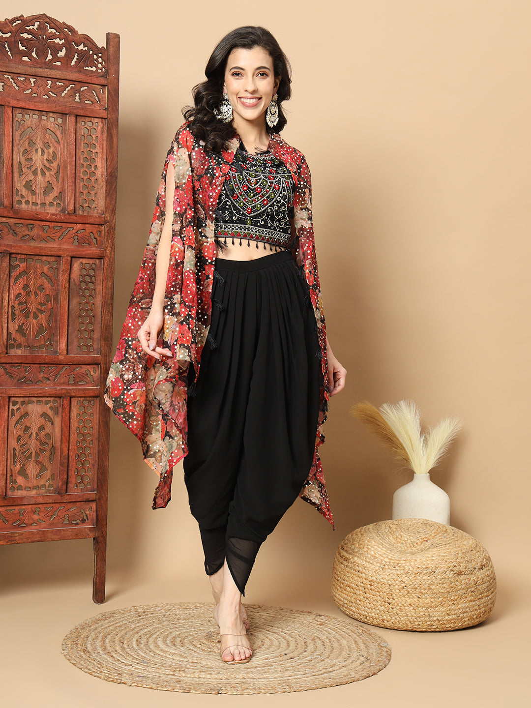 Digital Print Sequinned Cape with Resham Embroidered Crop-Top Palazzo & Stylish Dhoti