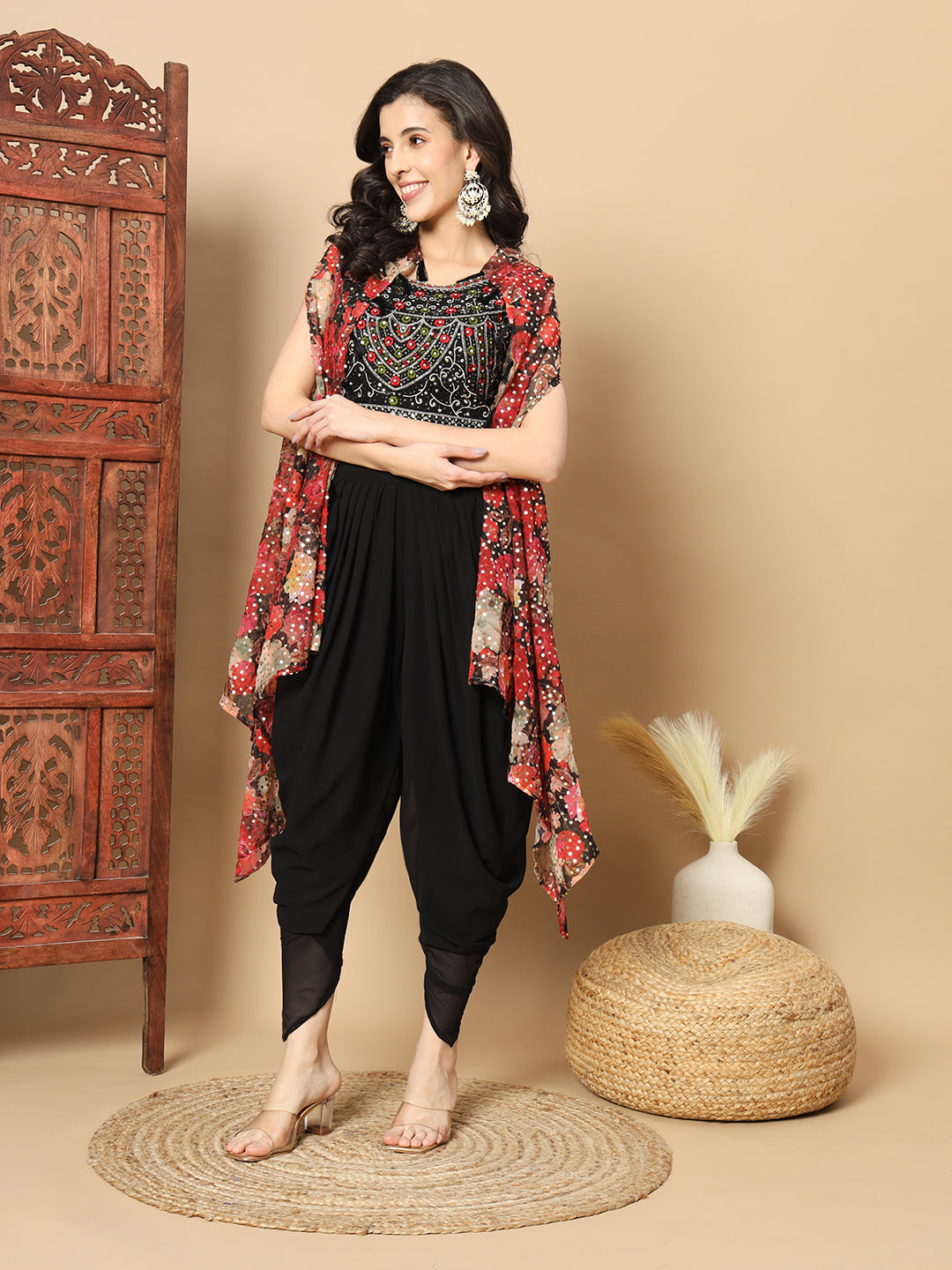 Digital Print Sequinned Cape with Resham Embroidered Crop-Top Palazzo & Stylish Dhoti
