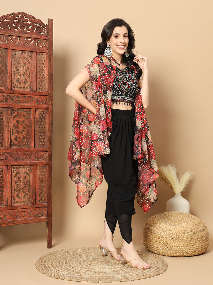 Digital Print Sequinned Cape with Resham Embroidered Crop-Top Palazzo & Stylish Dhoti